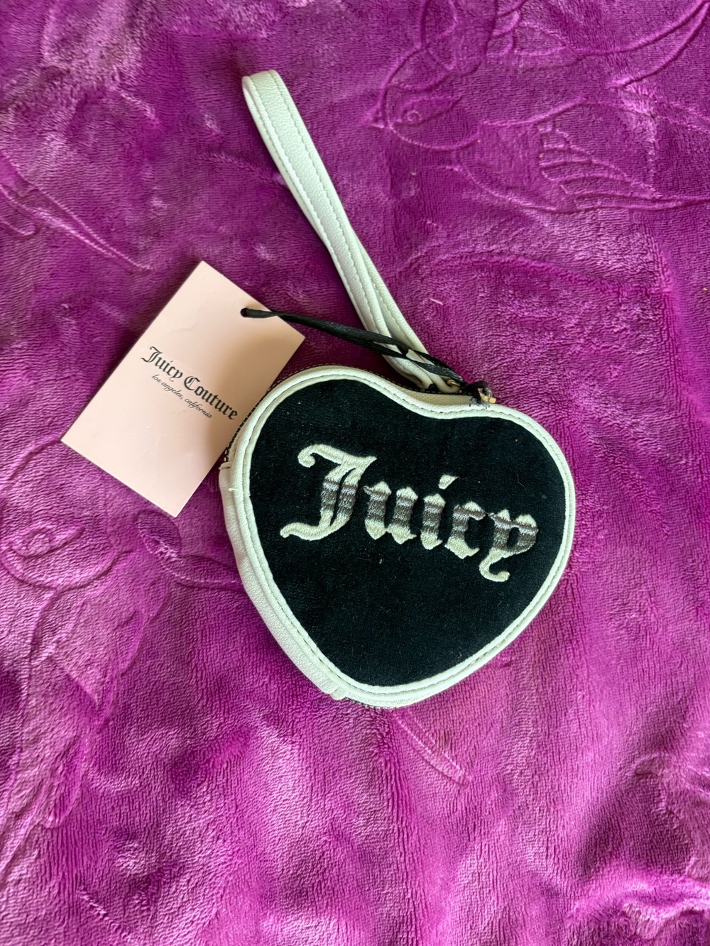 Juicy Couture Black and White Heart Wristlet with Juicy Logo